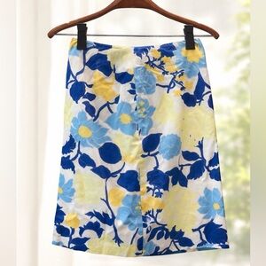 Ann Taylor Floral A-Line Skirt Size 2 Blue Yellow Spring Summer Cotton Lined
